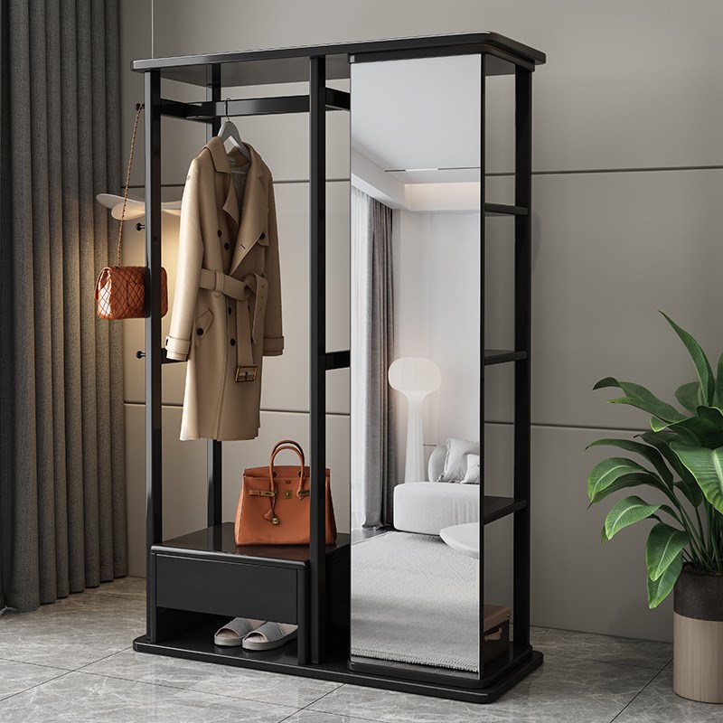 实木衣帽架带镜子挂衣架全身镜穿衣镜一体家用落地卧室房间收纳架 - 图1