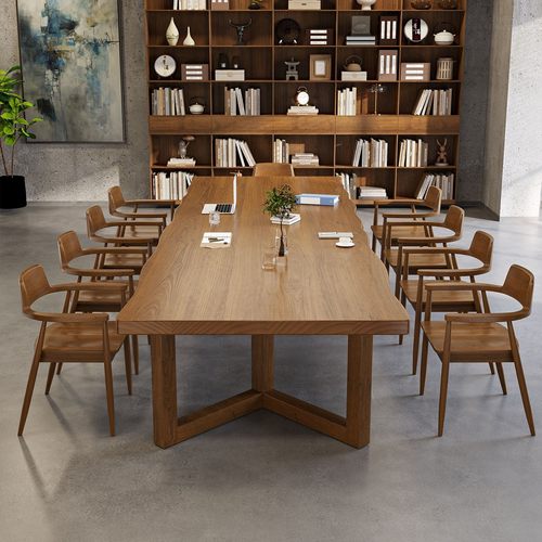 全实木办公会议桌大板长条书桌简约办公桌老板电脑桌洽谈桌椅组合 - 图1