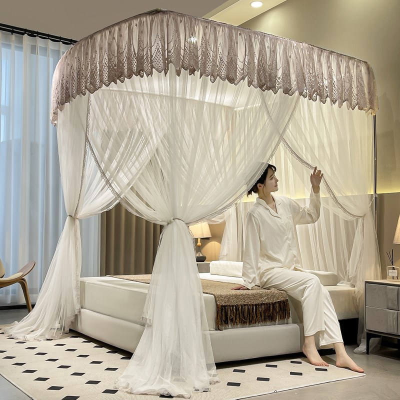 223新款U型伸缩蚊帐加密加厚支架高级宫廷落地三开门家用卧室.8 - 图1