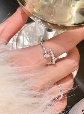 轻奢小众锆石蝴蝶珍珠戒指女氛围感开口可调节轻奢食指戒