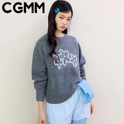 秋冬新款花朵图案针织衫百搭圆领显瘦毛衣DSOMB5277 - 图2