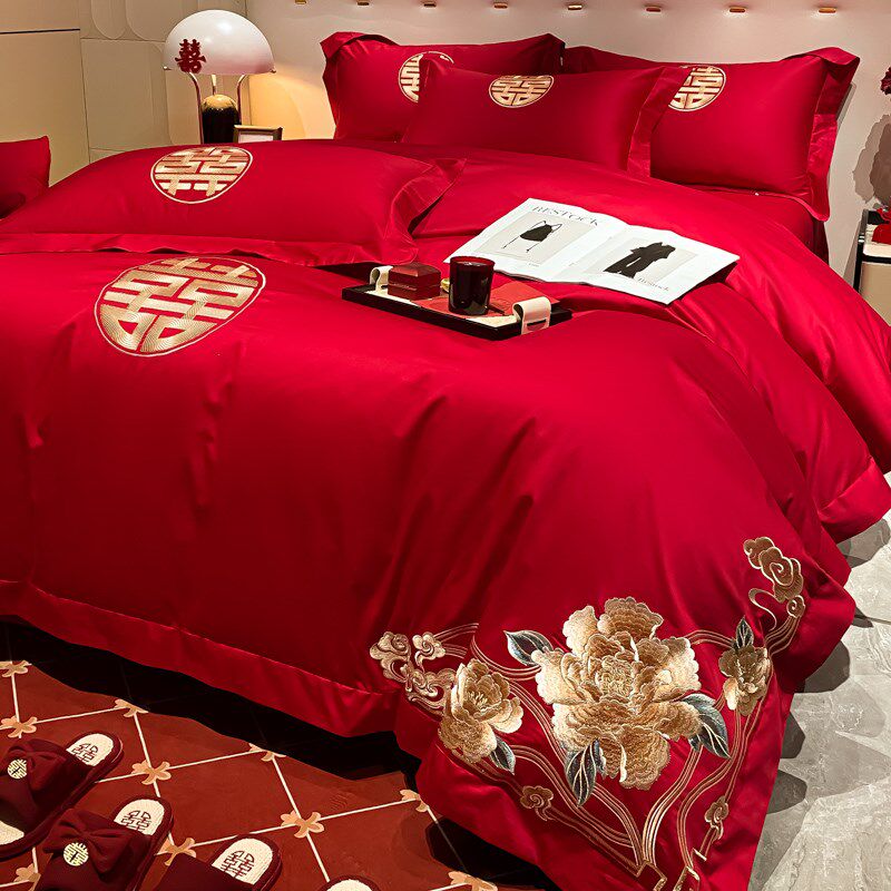 新中式全棉大红色婚庆u四件套龙凤刺绣被套结婚嫁床上用品,淘宝优惠券,粉丝福利购,淘宝优惠卷