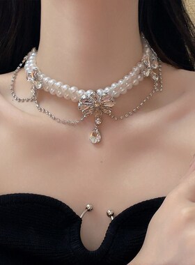 轻奢高级感水钻珍珠项链女夸张礼服水晶锁骨链新娘脖子颈链配饰潮