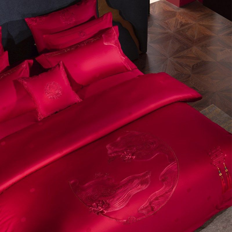 大红色结婚四件套九喜狐家纺备婚床上用品新房布置酒红色被套喜被,淘宝优惠券,粉丝福利购,淘宝优惠卷