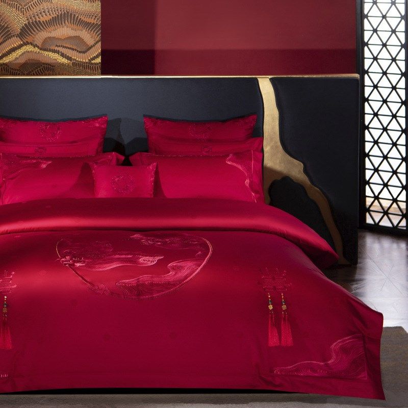 大红色结婚四件套九喜狐家纺备婚床上用品新房布置酒红色被套喜被,淘宝优惠券,粉丝福利购,淘宝优惠卷