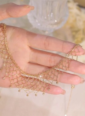冷淡风简约配饰脖子饰品颈带抽拉颈链女复古气质流苏金色锁骨链