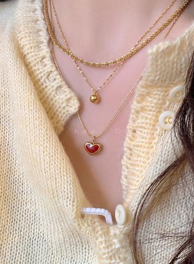 红色爱心项链新款2023爆款轻奢小众高级感锁骨链秋冬毛衣链吊坠女