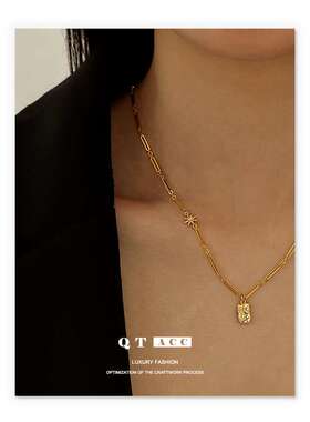 黄铜镀18K真金 法式轻奢风锆石镶嵌方形吊坠锁骨链手工项链女百搭