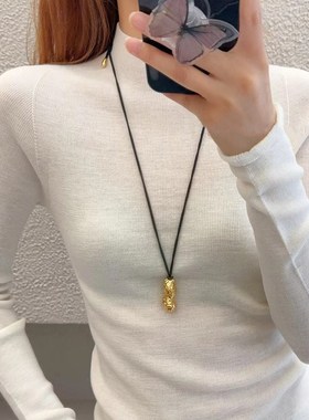 新中式花生吊坠项链女春夏轻奢小众设计高级感黑绳毛衣链耳环套装