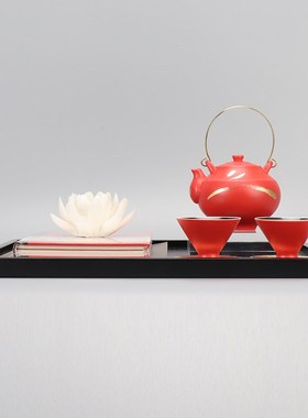 新中式国风红茶具莲花托盘组合摆件样板房间售楼处茶室茶几饰品