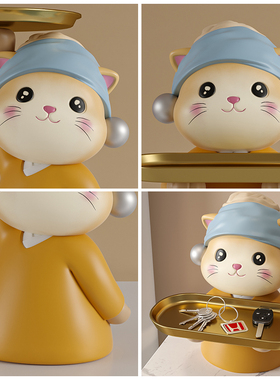 网红艺术猫托盘摆件创意进门入户玄关放钥匙卧室收纳钥匙架装饰品