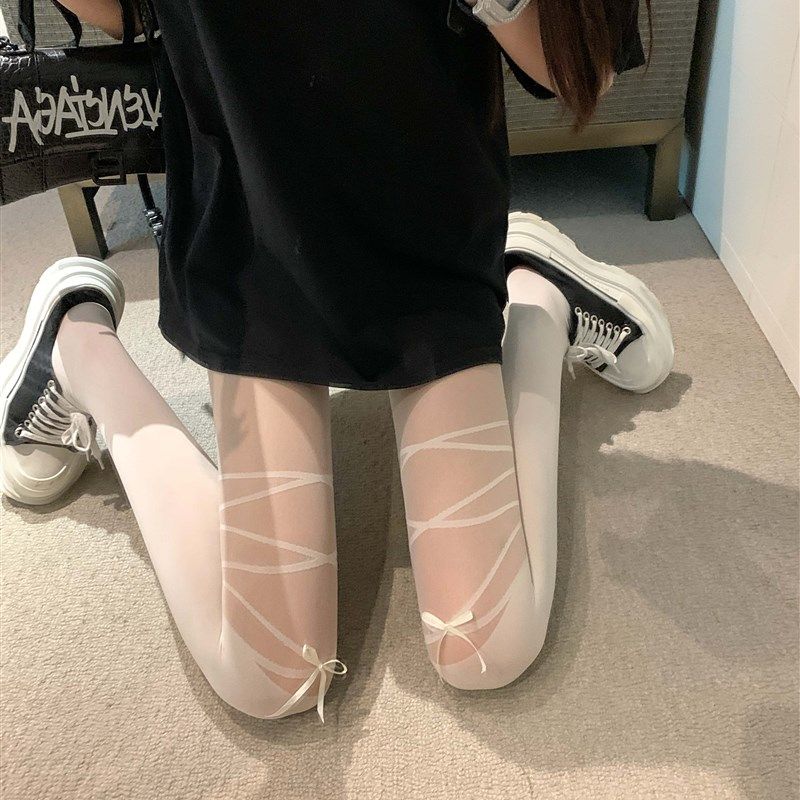 交叉绑带蝴蝶结拼接白色丝袜女薄款假中筒高筒连裤袜黑丝性感袜子,淘宝优惠券,粉丝福利购,淘宝优惠卷