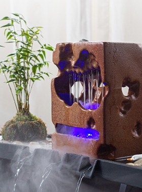 古都陶瓷鱼缸水缸石槽微景观造景瀑布流水L摆件雾化循环水喷泉配