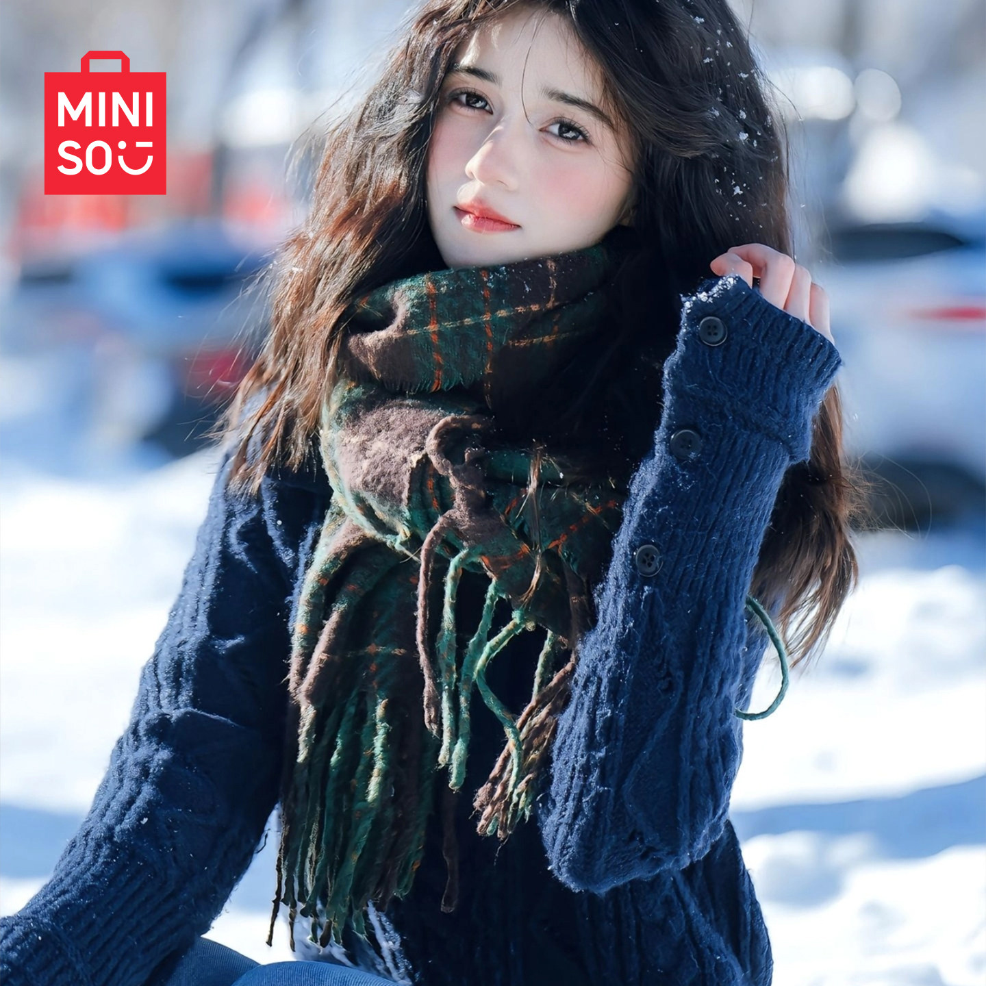 MINISO名创优品2025新款英伦复古格流苏围巾女冬加厚保暖围脖披肩