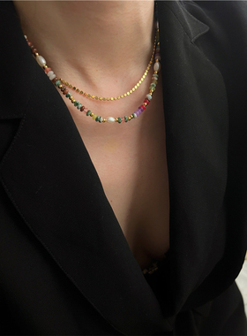 安小柏太美!天然石天然珍珠彩色串珠锁骨链项链手链女复古叠戴
