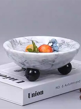 现代简约黄洞石三脚水果盘圆形托盘高级感桌面大V理石收纳托盘