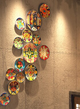 民族花纹个性潮流中式装饰挂盘店面餐厅墙壁装饰背W景墙圆形画摆
