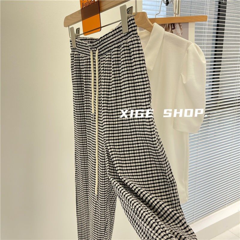 黑白格纹褶皱休闲裤子女夏高腰显瘦垂感学生宽松直筒拖地阔腿长裤,淘宝优惠券,粉丝福利购,淘宝优惠卷