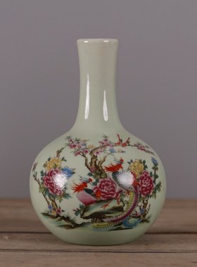 仿大清乾隆粉彩富贵长寿图小胆瓶 仿古瓷器摆件古玩老货收藏品