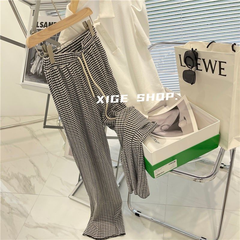 黑白格纹褶皱休闲裤子女夏高腰显瘦垂感学生宽松直筒拖地阔腿长裤,淘宝优惠券,粉丝福利购,淘宝优惠卷