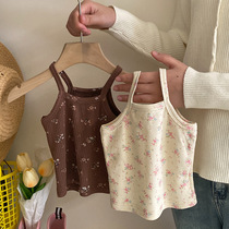 Korean Version Shredded Flower Harnesses 2023 Summer new girl blouses printed foreign air sleeveless 100 hitch casual hit bottom vest