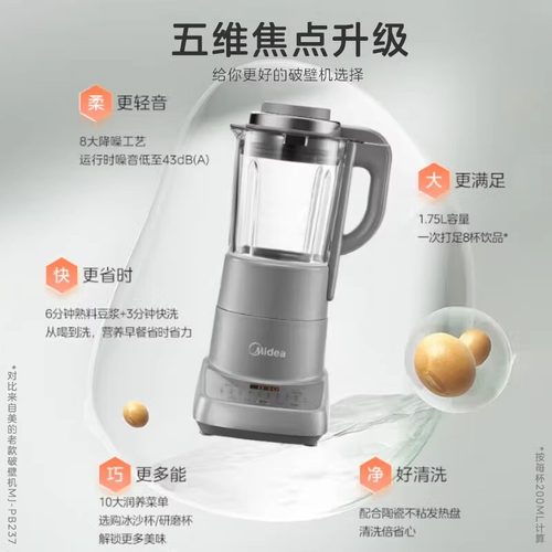 美的破壁机轻音豆浆机安睡料理机免手洗预约定时搅拌机榨果汁机M3 - 图0