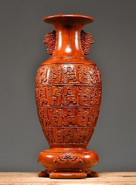 花梨木雕花瓶摆件家居客厅插花装饰实木新中式工艺品乔迁新居送礼