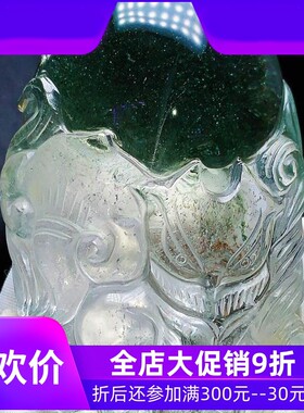 天然水晶巴西绿幽灵翠绿墨绿手工雕刻九尾狐仙手把玩摆件164克夸