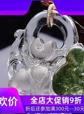 天然翠绿幽灵俏色手工精雕刻九尾狐狸如意吊坠项链毛衣链玻璃体即