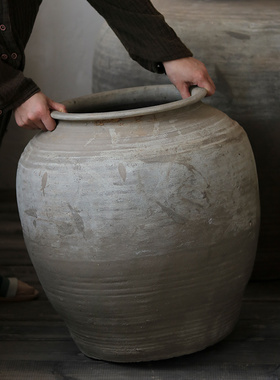 仿古陶缸花园庭院粗陶翁缸侘寂风落地圆肚大型花瓶大缸复古中式风
