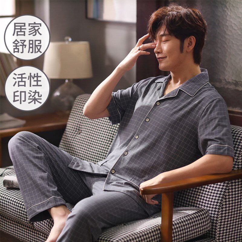 新款睡衣男夏纯棉薄款短袖长裤套装休闲宽松青年中老年家居服包邮 - 图3