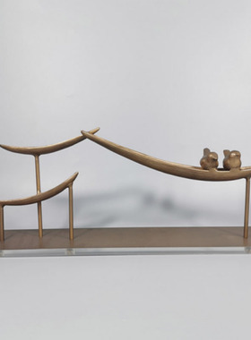 新中式玉石平安扣金属迎客松扇子摆件禅意人物招财树造景玄关装饰