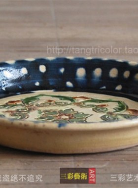 唐三彩陶瓷盘子摆件仿古做旧盘客厅电视柜办公室桌面摆件古玩收藏