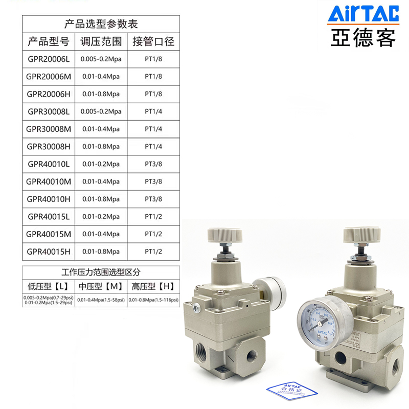亚德客精密调压阀GPR40008/40010/40015L/M/H减压阀附表附支架-图1