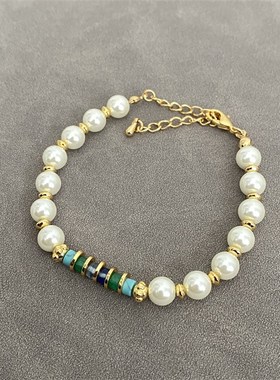 小众设计彩色天然石珍珠手链复古简约拼接叠戴气质百搭手环女