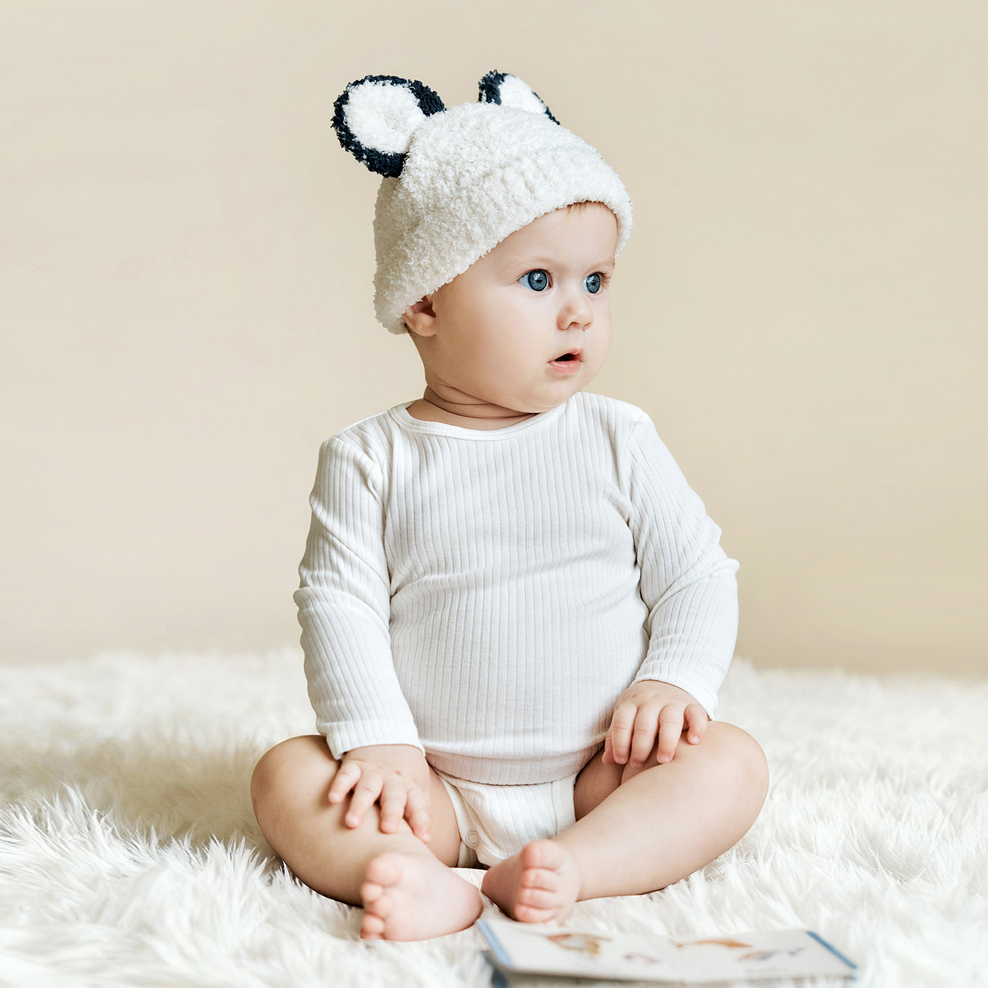 【熊猫白】TugTug婴儿帽子秋冬宝宝半边绒胎帽囟门帽新生婴儿胎帽