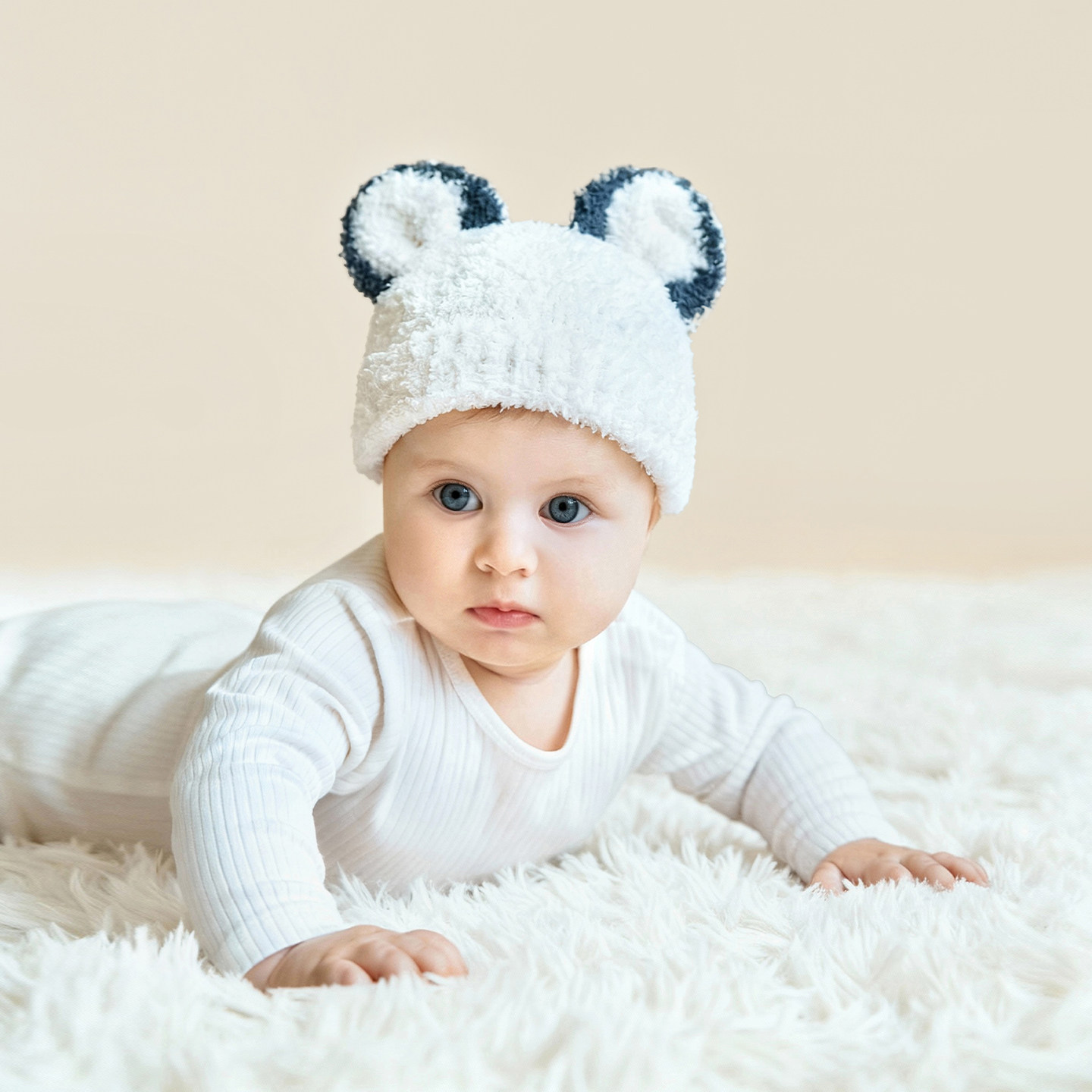 【熊猫白】TugTug婴儿帽子秋冬宝宝半边绒胎帽囟门帽新生婴儿胎帽