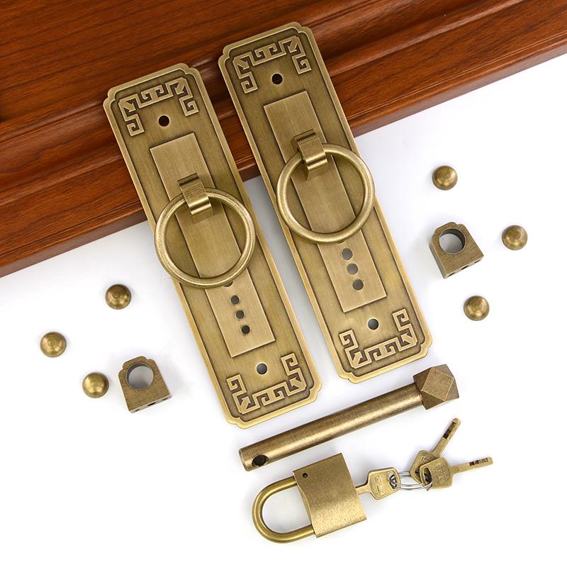 仿古纯铜直条拉手中式实木大门全铜拉环老式柜门把手插销搭扣挂锁 - 图2