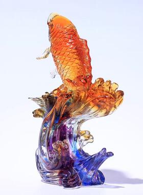 弗朗德琉璃工艺品鱼跃龙门水晶锦鲤鱼客厅玄关摆件装饰乔迁礼品