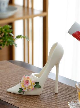创意陶瓷个性手工牡丹花高跟鞋摆件家居客厅样板房花器礼品软装