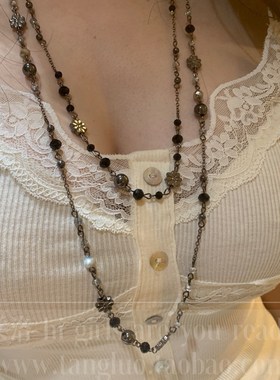 一条双层 枪黑色花朵串珠项链女长款毛衣链高级感个性项链辣妹风