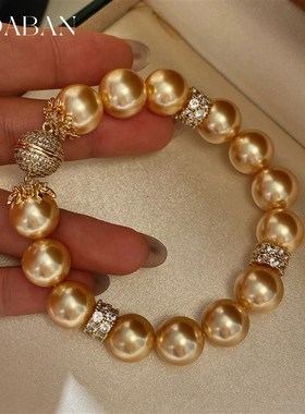 正圆强光南洋金珠珍珠手链浓茶金澳母贝珠手串镶锆轻奢高级感手饰