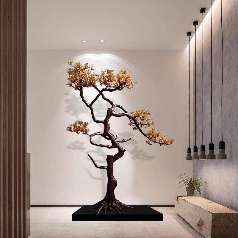 中式铁艺迎客松摆件别墅大厅玄关过道落地工艺品金属松树雕塑装饰,淘宝优惠券,粉丝福利购,淘宝优惠卷