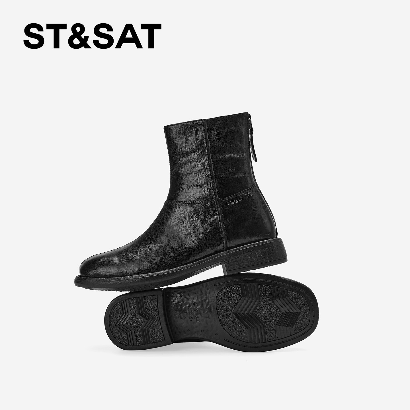 St&Sat/星期六百搭圆头短筒法式时装靴复古真皮短靴粗跟切尔西靴,淘宝优惠券,粉丝福利购,淘宝优惠卷