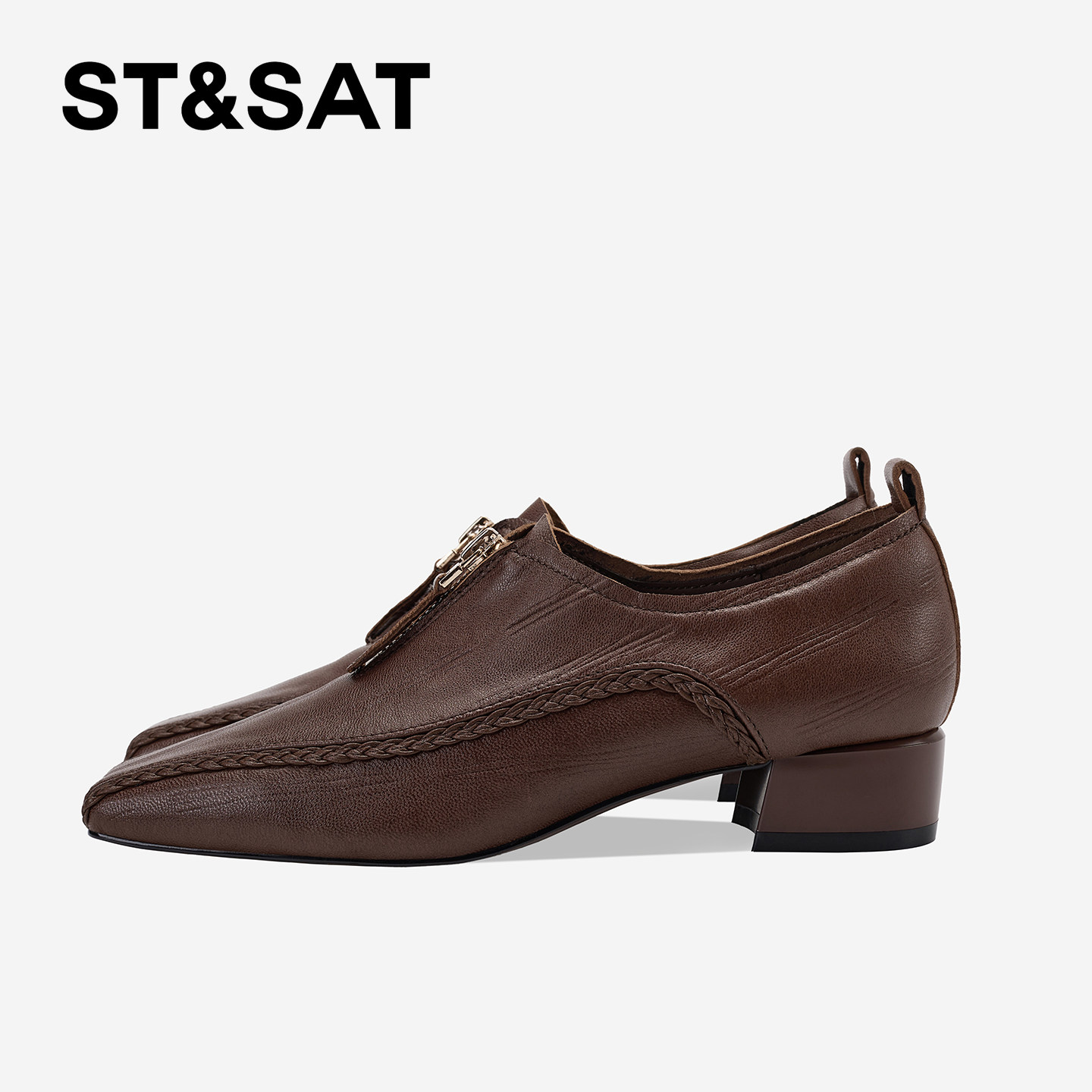 St&Sat/星期六法式方头深口单鞋真皮粗跟女鞋中跟复古编织小皮鞋,淘宝优惠券,粉丝福利购,淘宝优惠卷