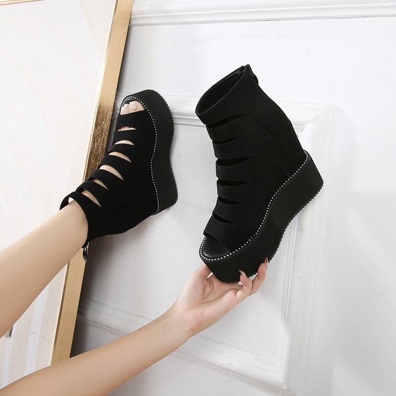 2025春夏时尚内增高坡跟厚底凉鞋女高跟防水台镂空松糕底鱼嘴凉靴,淘宝优惠券,粉丝福利购,淘宝优惠卷