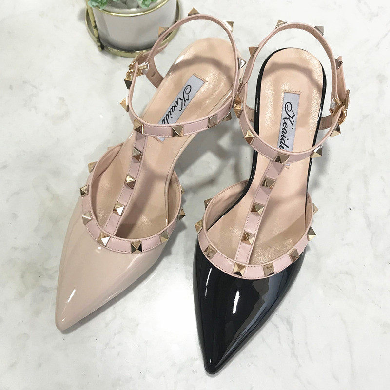 2021夏季尖头铆钉包头凉鞋中跟一字扣带高跟鞋细跟猫跟柳钉单鞋女,淘宝优惠券,粉丝福利购,淘宝优惠卷
