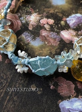 随一柠檬夏季编织手编织手链妇女海蓝宝石黄水晶原石网眼袋配件