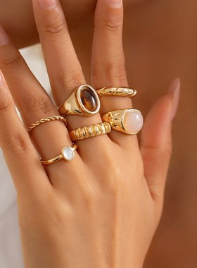 6件套镶钻宝石不规则戒指套装 欧美轻奢时尚百搭网红指环组合潮人