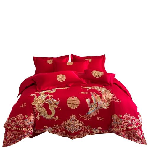 高档中式龙凤刺绣结婚四件套大红色被套纯棉婚庆床上用品婚房喜被 - 图3